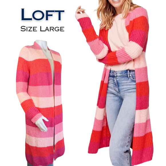 LOFT Red Pink Wide Stripe Open Cardigan Duster Fuzzy Sweater Pockets Size Large - Picture 1 of 9